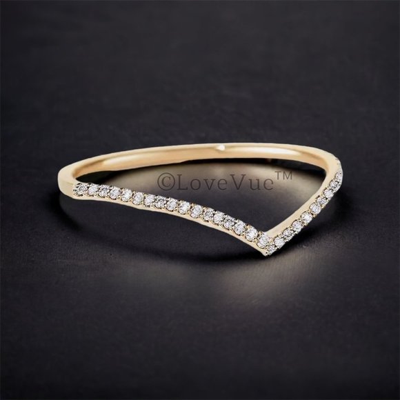 1mm Diamond Brilliant Cut Dainty Chevron Wedding Engagement Gold Band Ring - Picture 3 of 17